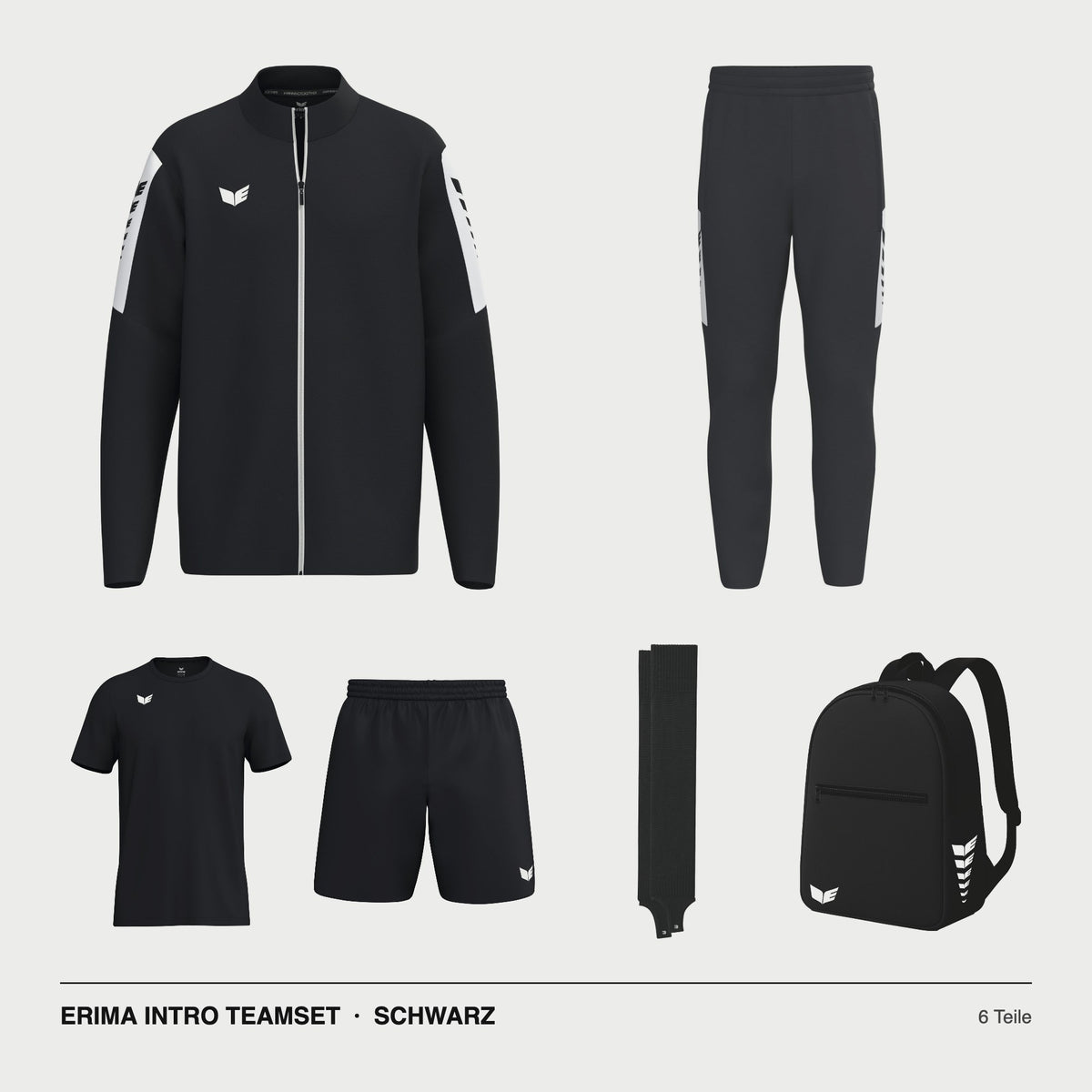 ERIMA INTRO Teamset Schwarz – Jacke, Hose, T-Shirt, Short, Stutzen, Rucksack