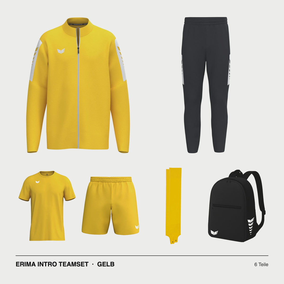 ERIMA INTRO Teamset Gelb – Jacke, Hose, T-Shirt, Short, Stutzen, Rucksack