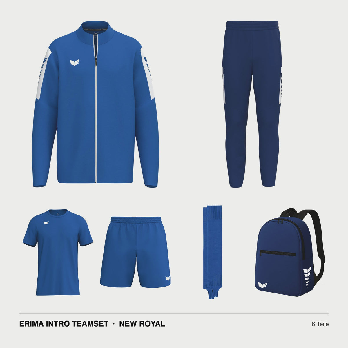 ERIMA INTRO Teamset New Royal – Jacke, Hose, T-Shirt, Short, Stutzen, Rucksack