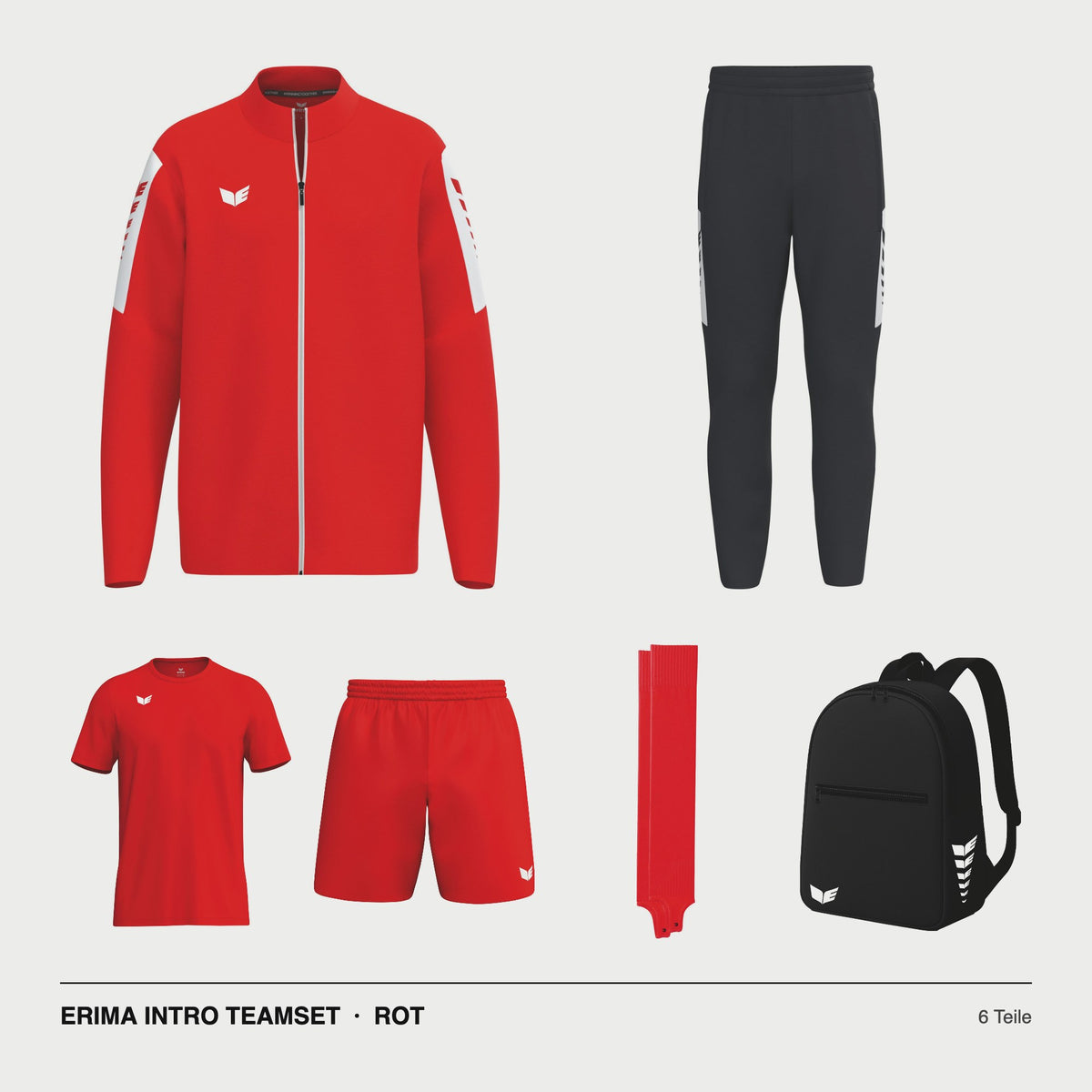ERIMA INTRO Teamset Rot – Jacke, Hose, T-Shirt, Short, Stutzen, Rucksack