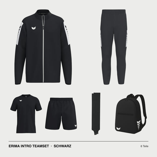 ERIMA INTRO Teamset Schwarz – Jacke, Hose, T-Shirt, Short, Stutzen, Rucksack