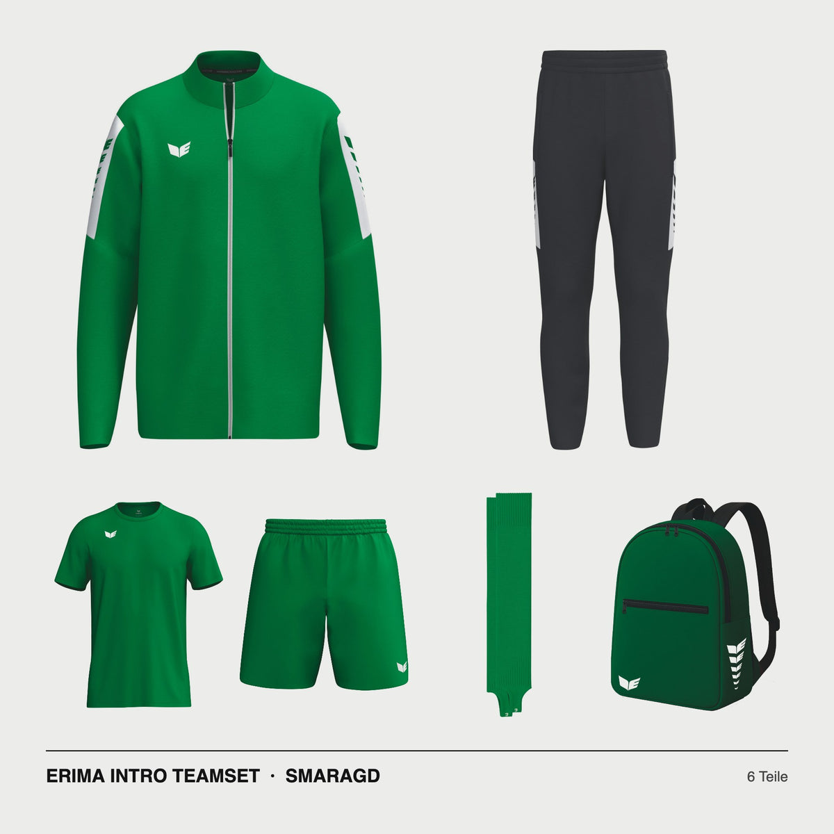 ERIMA INTRO Teamset Smaragd – Jacke, Hose, T-Shirt, Short, Stutzen, Rucksack